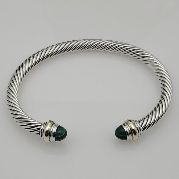 David Yurman 5mm Sterling Silver Bracelet with 14K Yellow Gold and Malachite - Picture 2 of 5